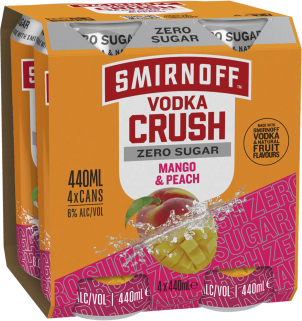 Smirnoff Crush Zero Sugar Mango & Peach 6% Can 4X440ML