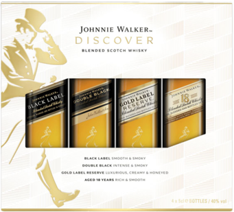 Johnnie Walker Black Label Double Black Gold Label Reserve Aged 18 Year Old Blended Scotch Whiskey Discover Gift Pack 4X50ML